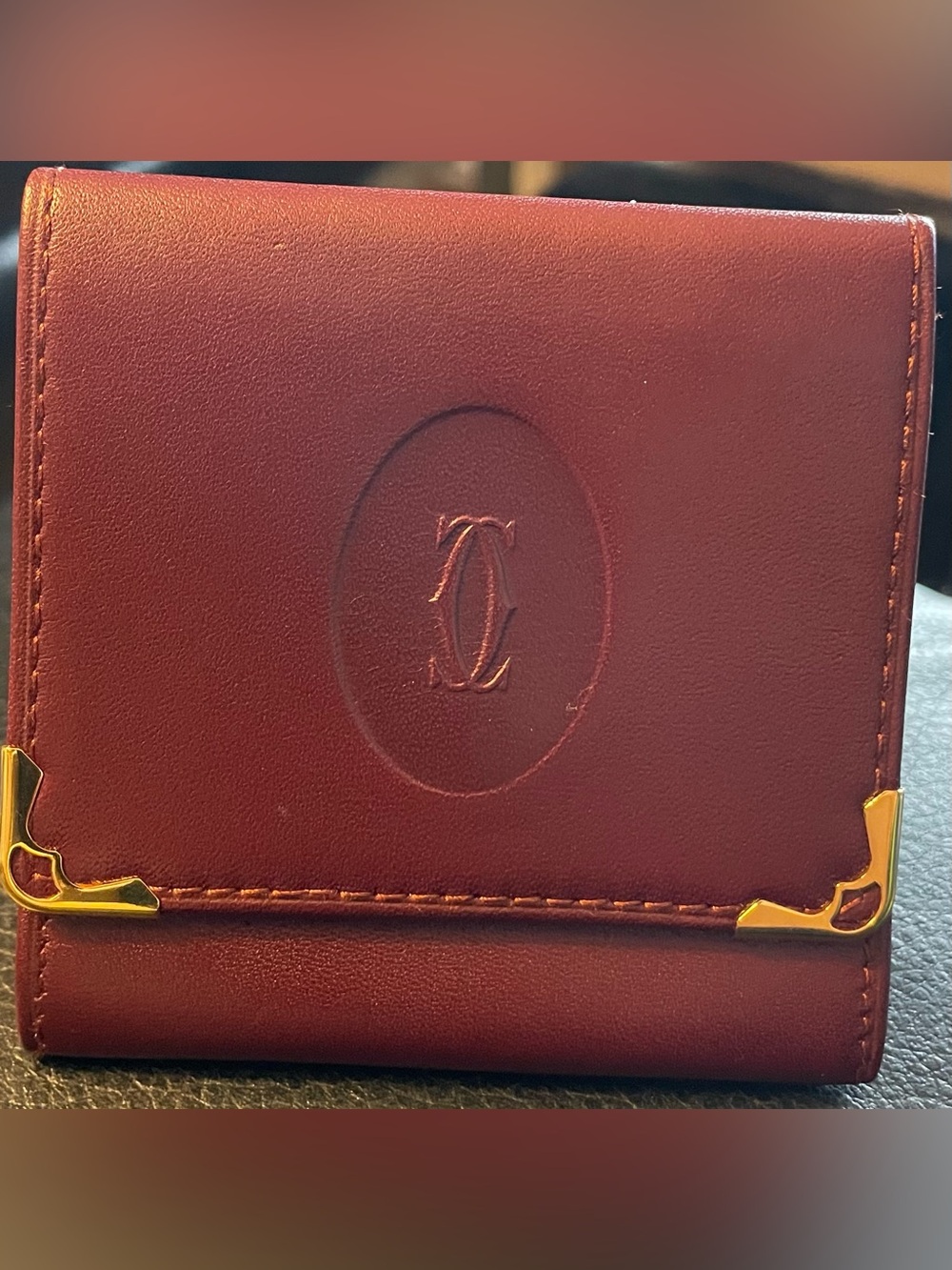 Cartier Burgundy Leather Card Case with Gold Logo